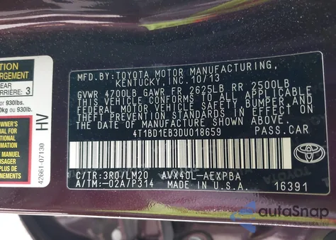 2013 Toyota Avalon Hybrid Limited from USA, damaged, VIN 4T1BD1EB3DU018659